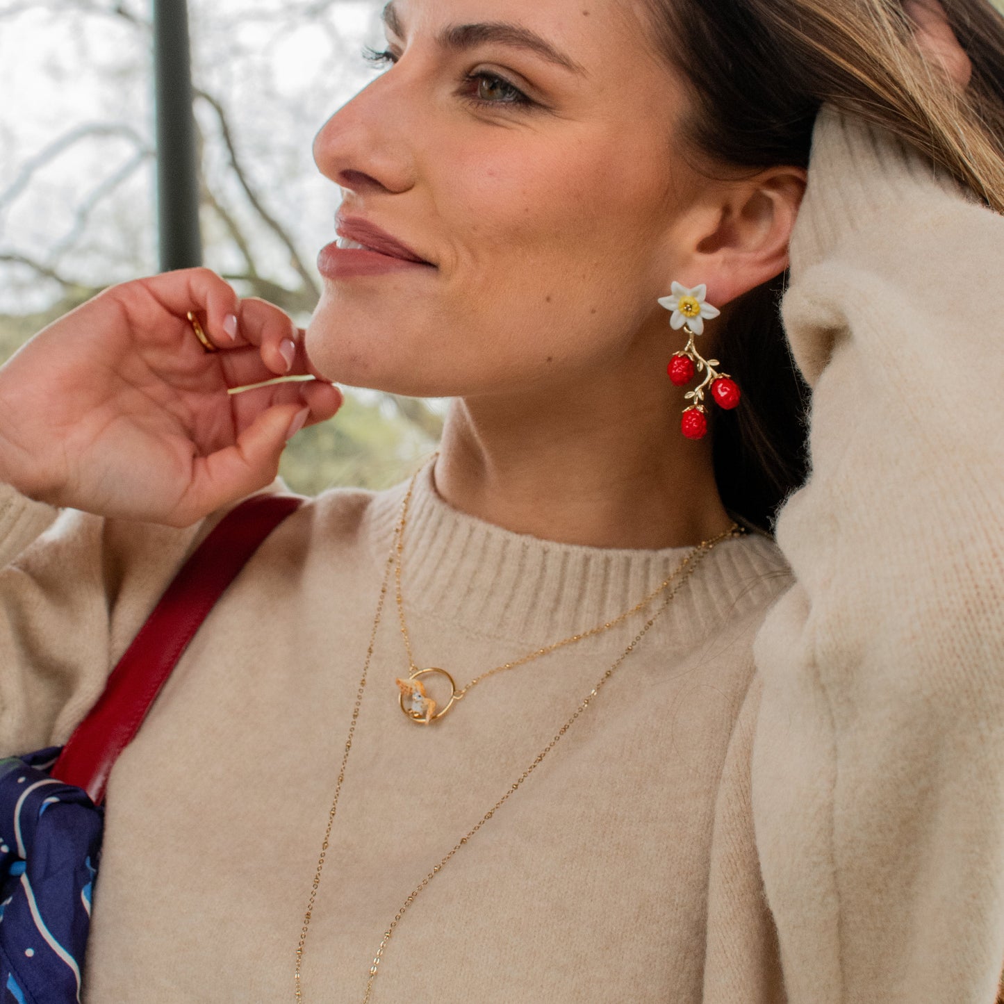 Nach Daffodil Flower & Red Berries Porcelain Pendant Earrings, Handmade, Hand Painted