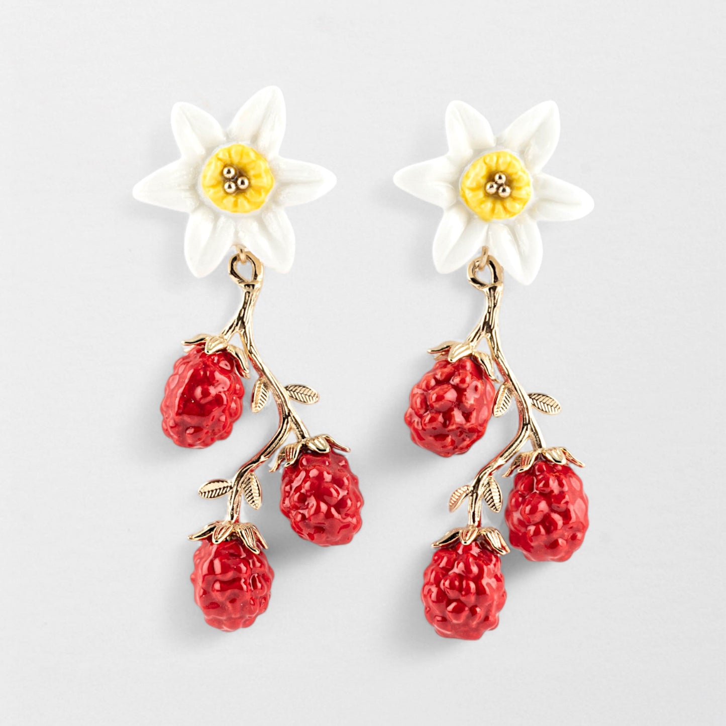 Nach Daffodil Flower & Red Berries Porcelain Pendant Earrings, Handmade, Hand Painted