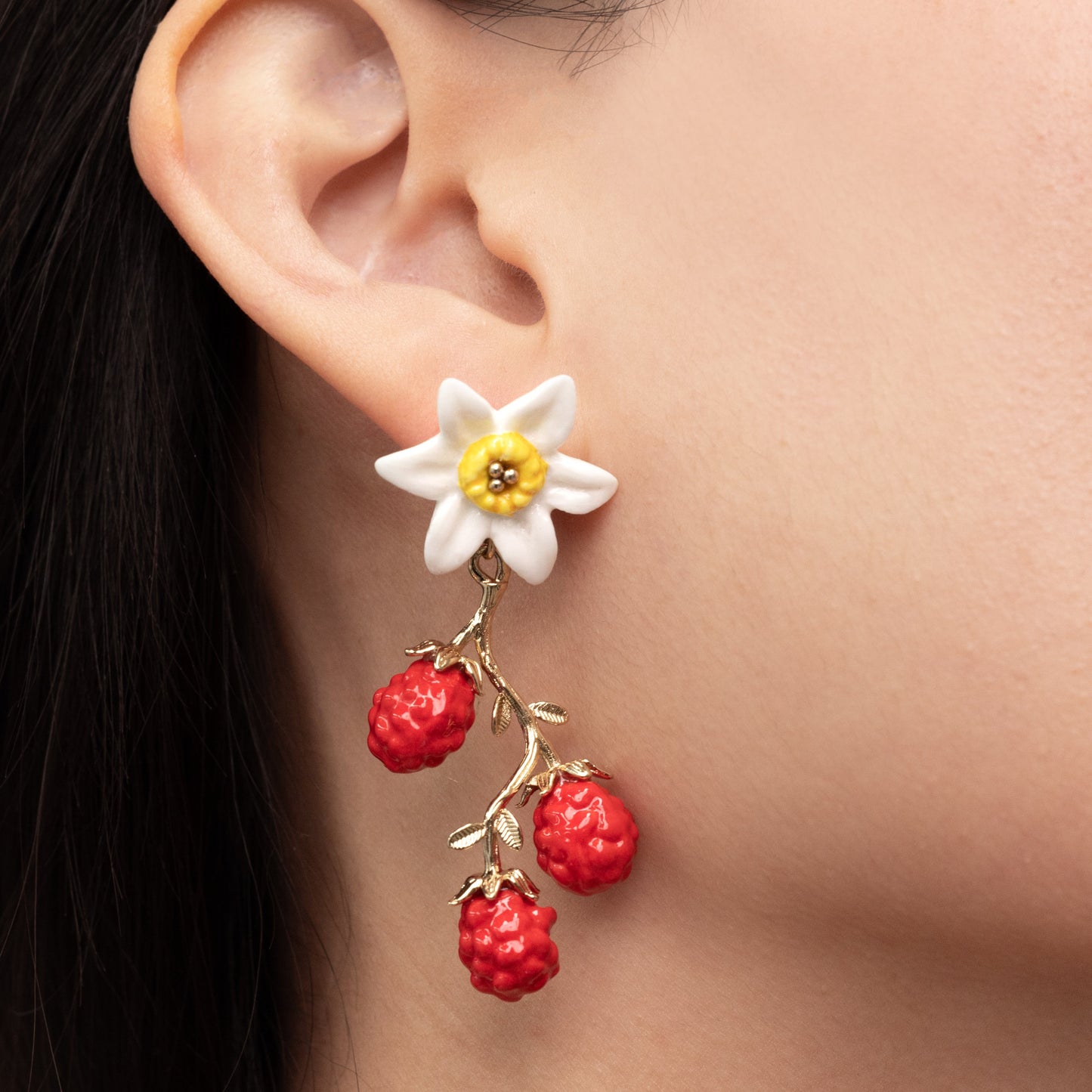 Nach Daffodil Flower & Red Berries Porcelain Pendant Earrings, Handmade, Hand Painted