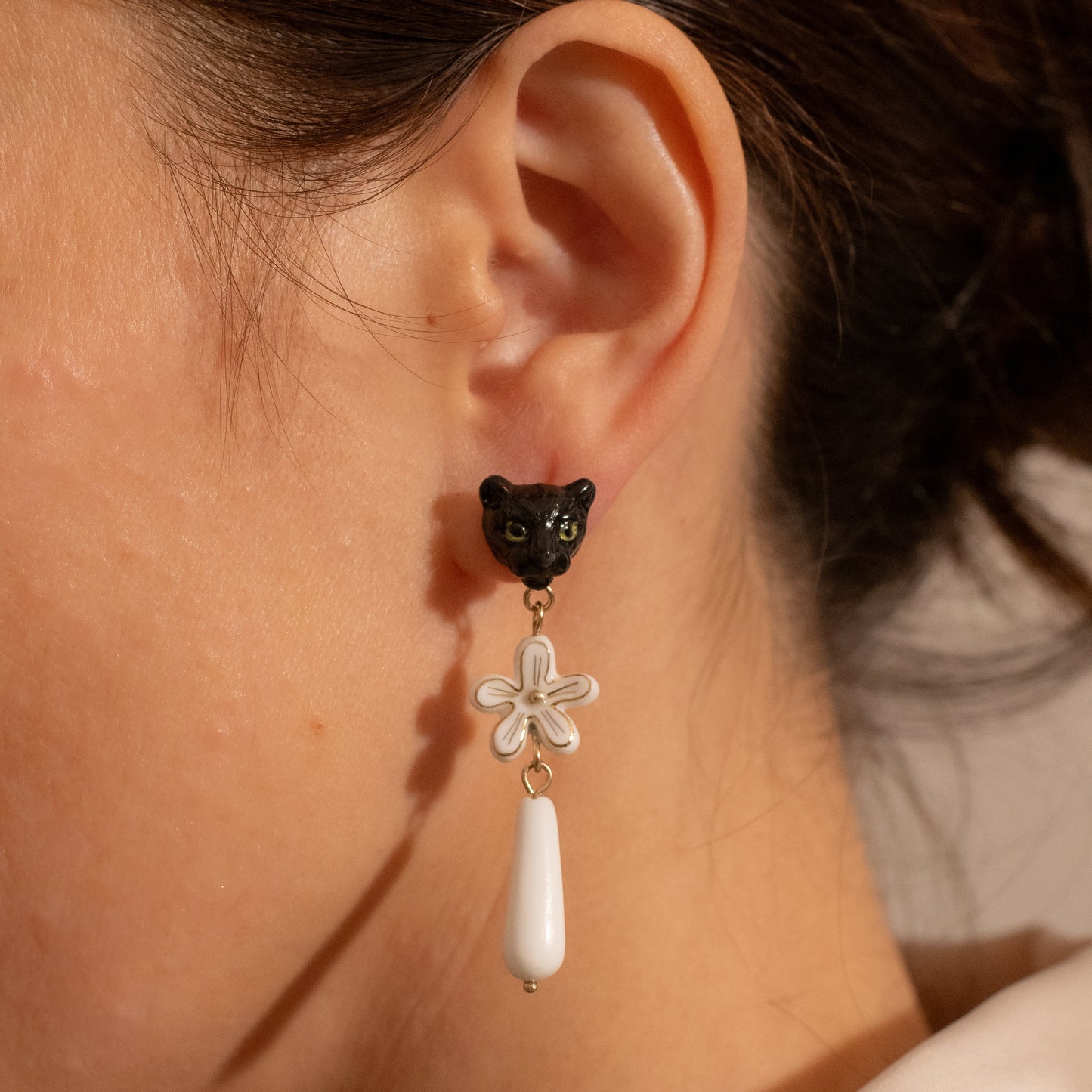 Nach Porcelain Black Panther Head with Dangling Erine Flower Earrings, Handmade, Hand Painted