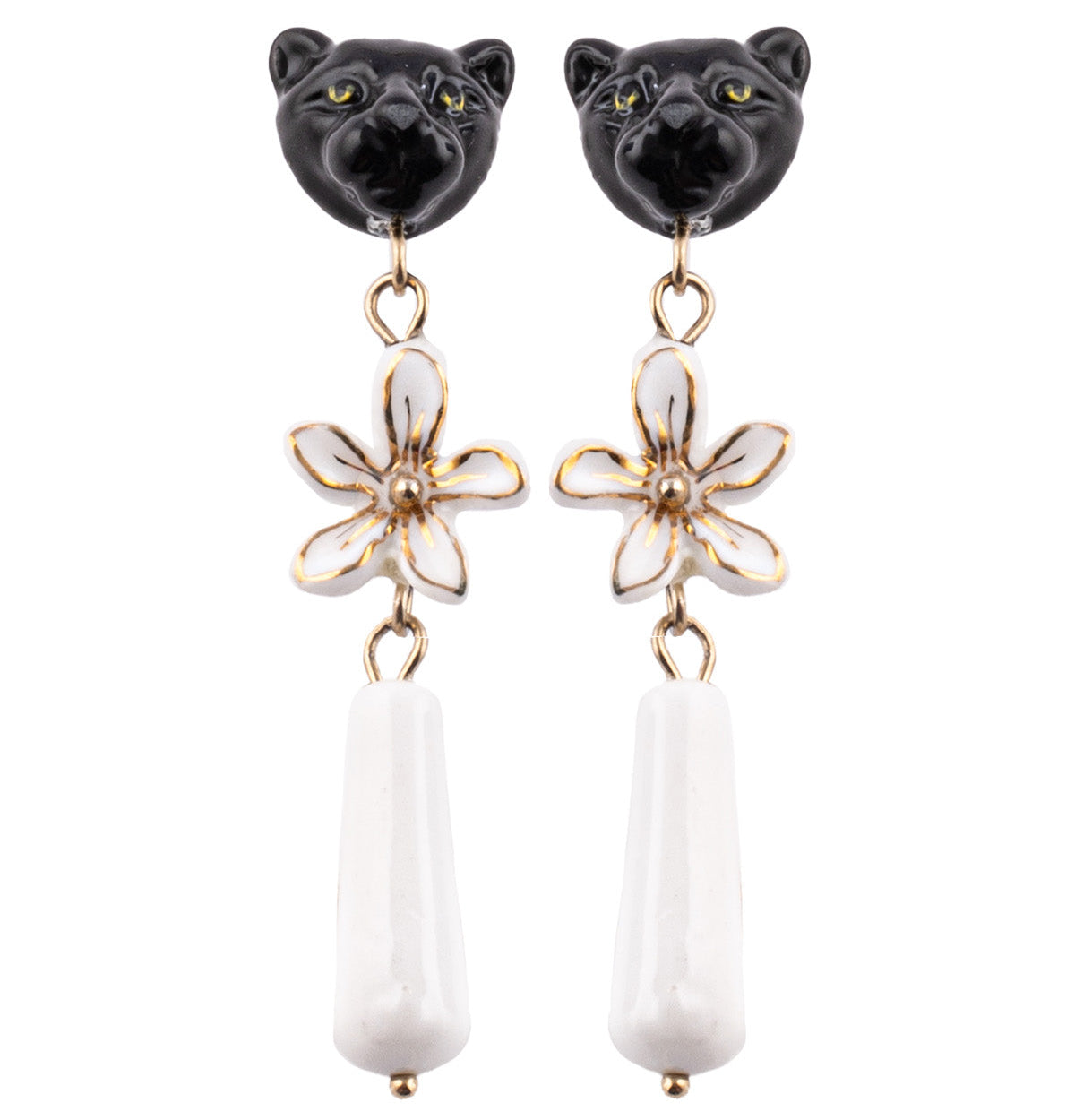 Nach Porcelain Black Panther Head with Dangling Erine Flower Earrings, Handmade, Hand Painted
