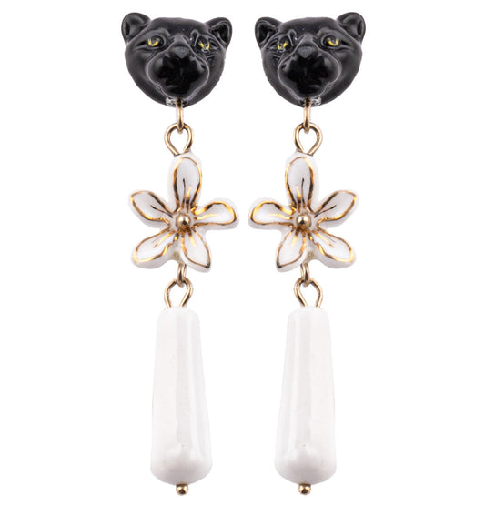 Nach Porcelain Black Panther Head with Dangling Erine Flower Earrings, Handmade, Hand Painted
