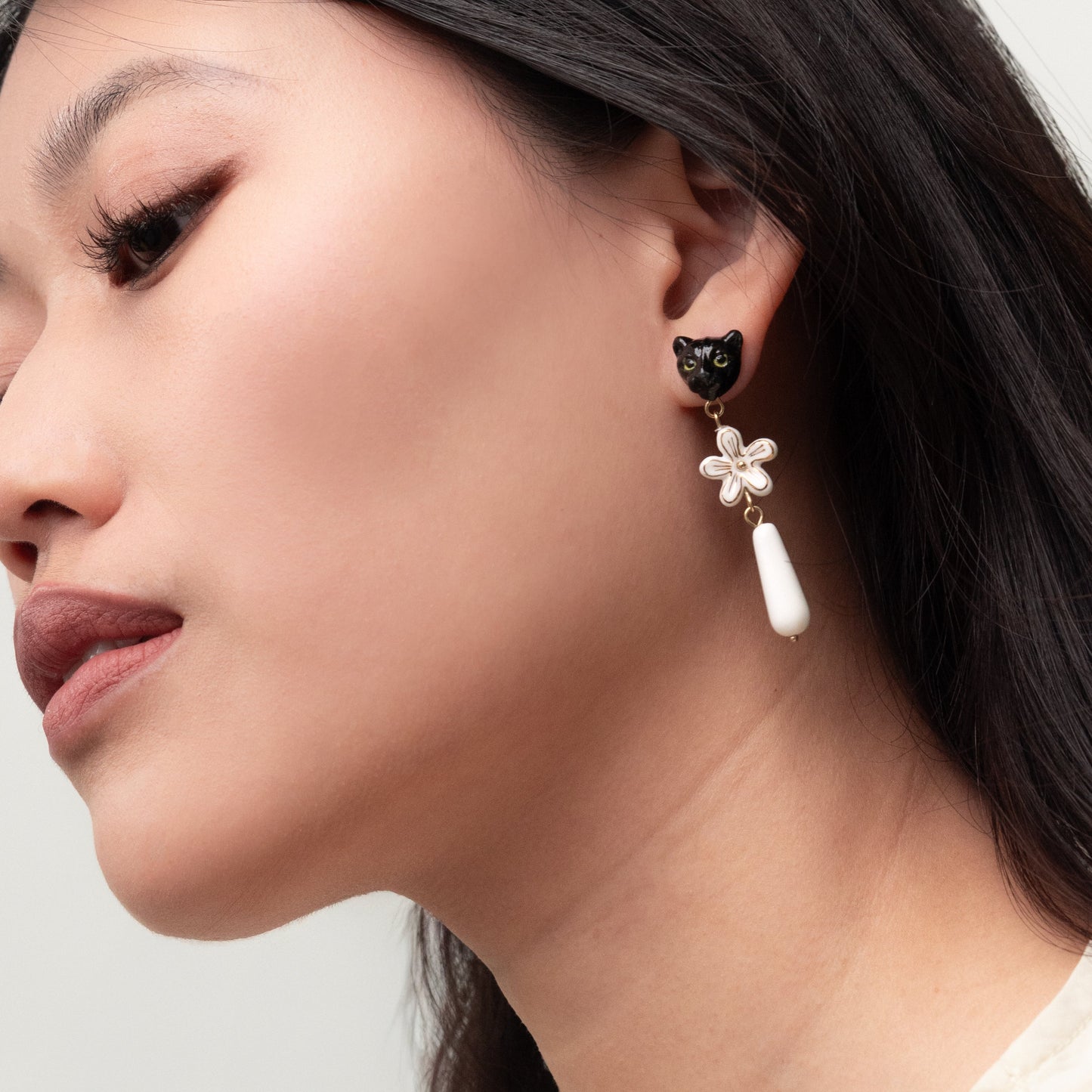 Nach Porcelain Black Panther Head with Dangling Erine Flower Earrings, Handmade, Hand Painted