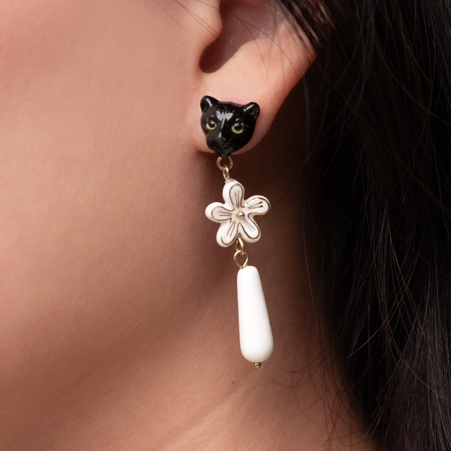 Nach Porcelain Black Panther Head with Dangling Erine Flower Earrings, Handmade, Hand Painted