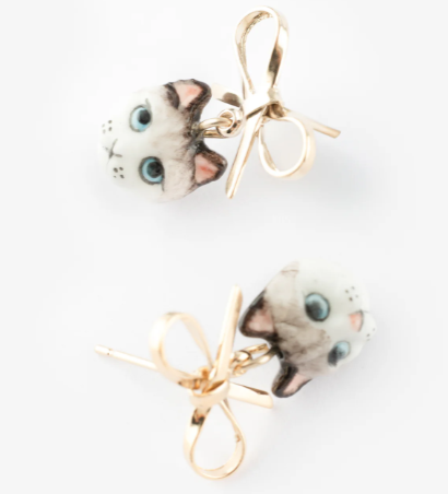 Nach Ragdoll Cat and Bow Dangle Porcelain Earrings, Handmade, Hand Painted