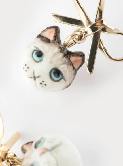 Nach Ragdoll Cat and Bow Dangle Porcelain Earrings, Handmade, Hand Painted
