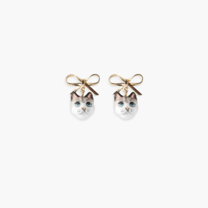 Nach Ragdoll Cat and Bow Dangle Porcelain Earrings, Handmade, Hand Painted