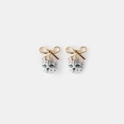 Nach Tabby Cat and Bow Dangle Porcelain Earrings, Handmade, Hand Painted