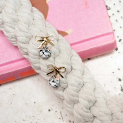 Nach Tabby Cat and Bow Dangle Porcelain Earrings, Handmade, Hand Painted