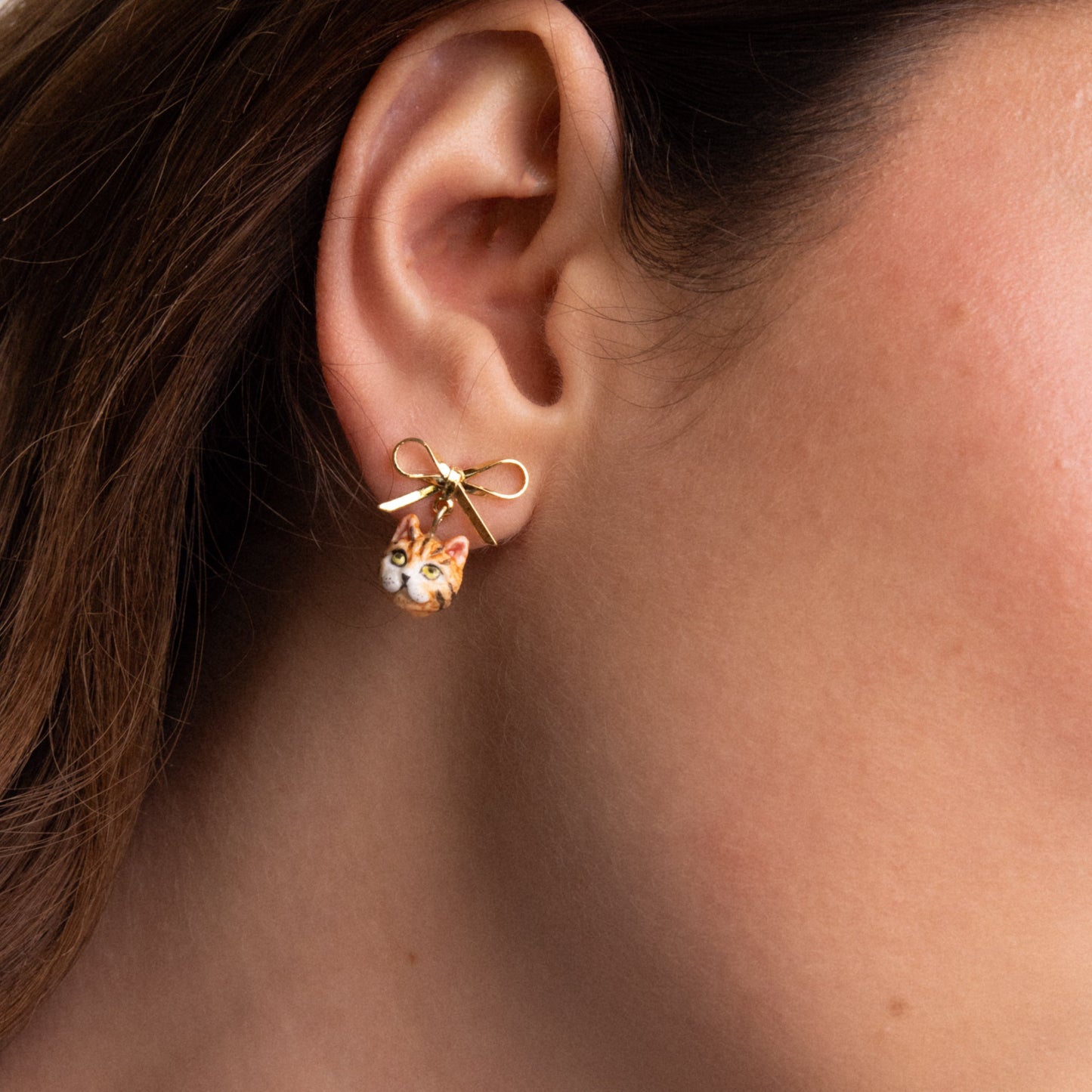 Nach Bengal Cat and Bow Dangle Porcelain Earrings, Handmade, Hand Painted