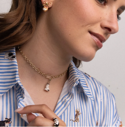 Nach Bengal Cat and Bow Dangle Porcelain Earrings, Handmade, Hand Painted