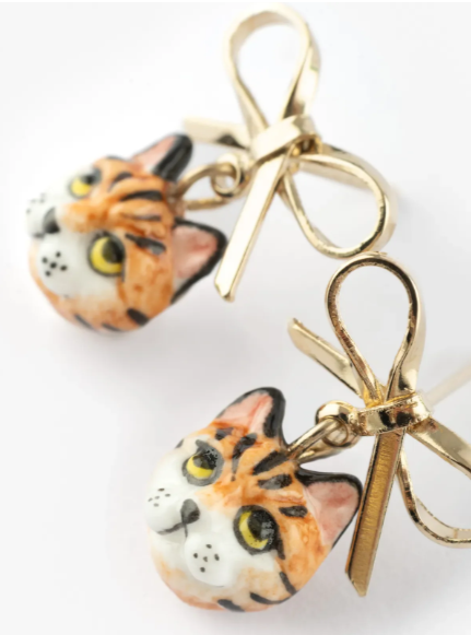 Nach Bengal Cat and Bow Dangle Porcelain Earrings, Handmade, Hand Painted