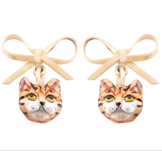 Nach Bengal Cat and Bow Dangle Porcelain Earrings, Handmade, Hand Painted