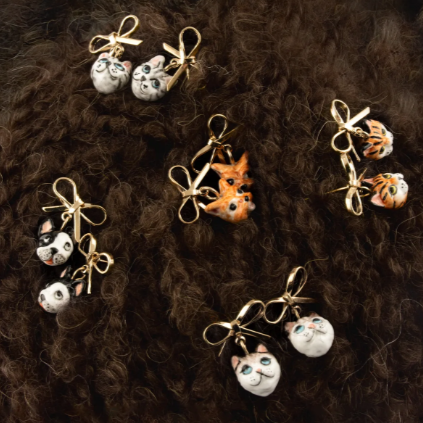 Nach Yorkshire Terrier Dog Head with Bow Detail Dangle Porcelain Earrings, Handmade, Hand Painted