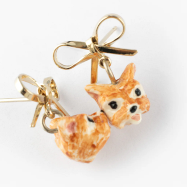 Nach Yorkshire Terrier Dog Head with Bow Detail Dangle Porcelain Earrings, Handmade, Hand Painted