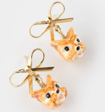 Nach Yorkshire Terrier Dog Head with Bow Detail Dangle Porcelain Earrings, Handmade, Hand Painted