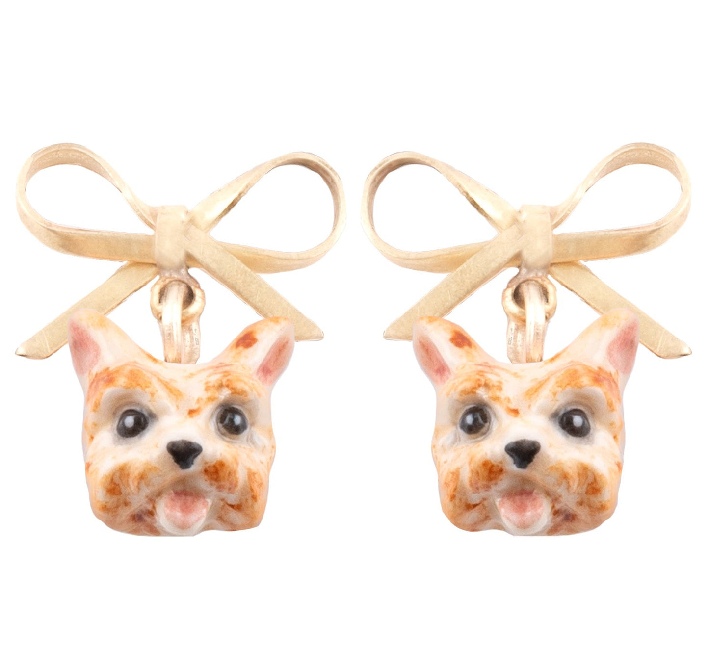 Nach Yorkshire Terrier Dog Head with Bow Detail Dangle Porcelain Earrings, Handmade, Hand Painted