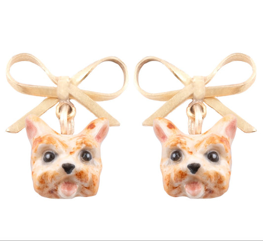 Nach Yorkshire Terrier Dog Head with Bow Detail Dangle Porcelain Earrings, Handmade, Hand Painted