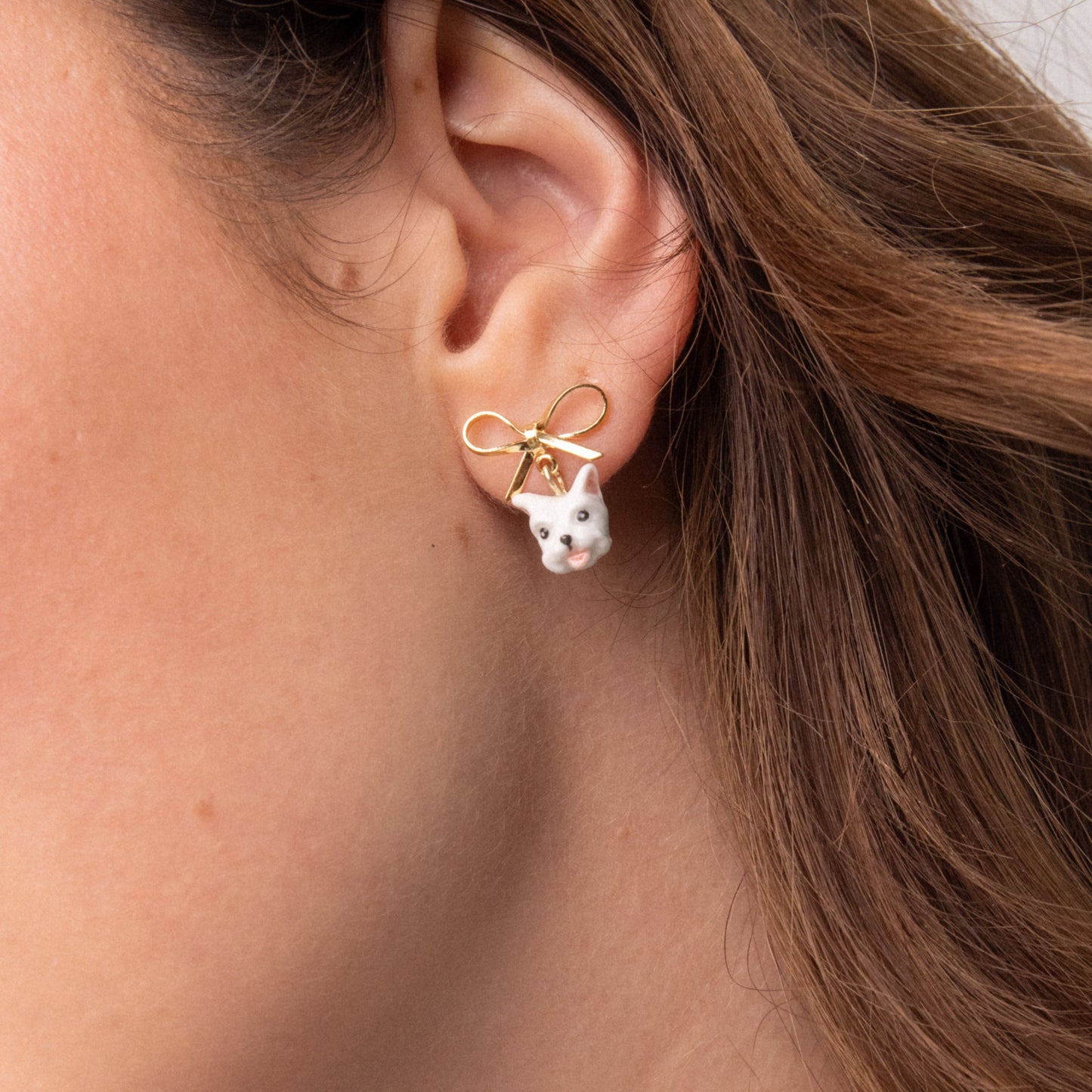 Nach Coton de Tuléar Dog and Bow Dangle Porcelain Earrings, Handmade, Hand Painted