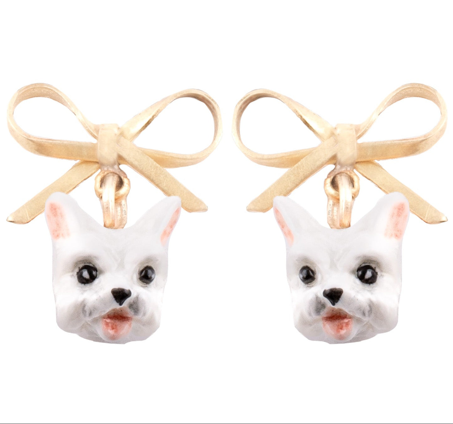 Nach Coton de Tuléar Dog and Bow Dangle Porcelain Earrings, Handmade, Hand Painted