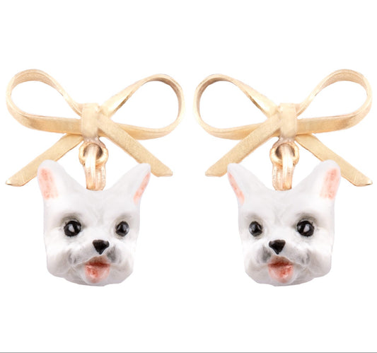 Nach Coton de Tuléar Dog and Bow Dangle Porcelain Earrings, Handmade, Hand Painted