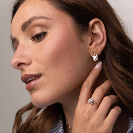 Nach Coton de Tuléar Dog and Bow Dangle Porcelain Earrings, Handmade, Hand Painted