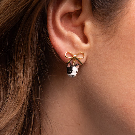 Nach French Bulldog Head with Bow Detail Dangle Porcelain Earrings, Handmade, Hand Painted