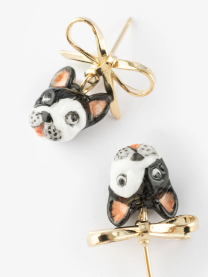 Nach French Bulldog Head with Bow Detail Dangle Porcelain Earrings, Handmade, Hand Painted