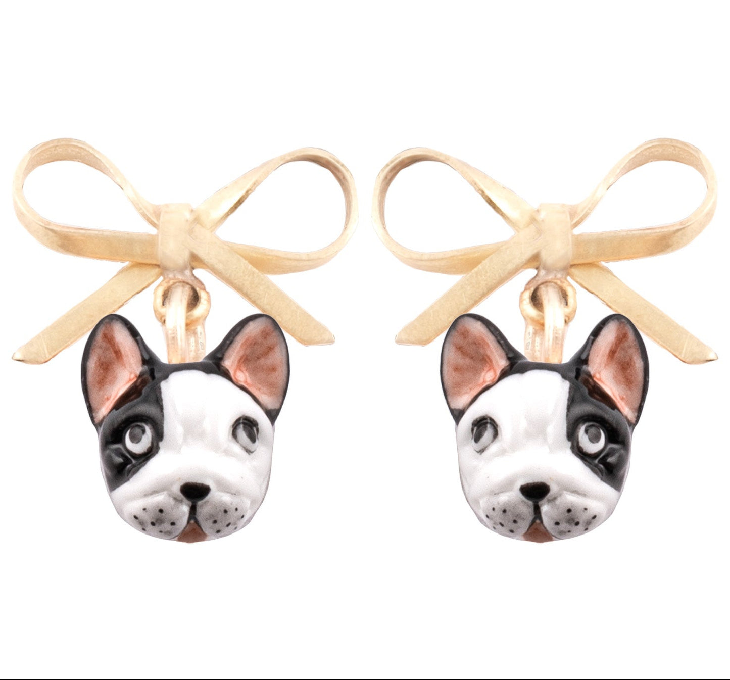 Nach French Bulldog Head with Bow Detail Dangle Porcelain Earrings, Handmade, Hand Painted