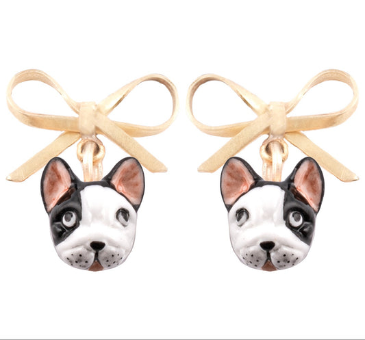 Nach French Bulldog Head with Bow Detail Dangle Porcelain Earrings, Handmade, Hand Painted