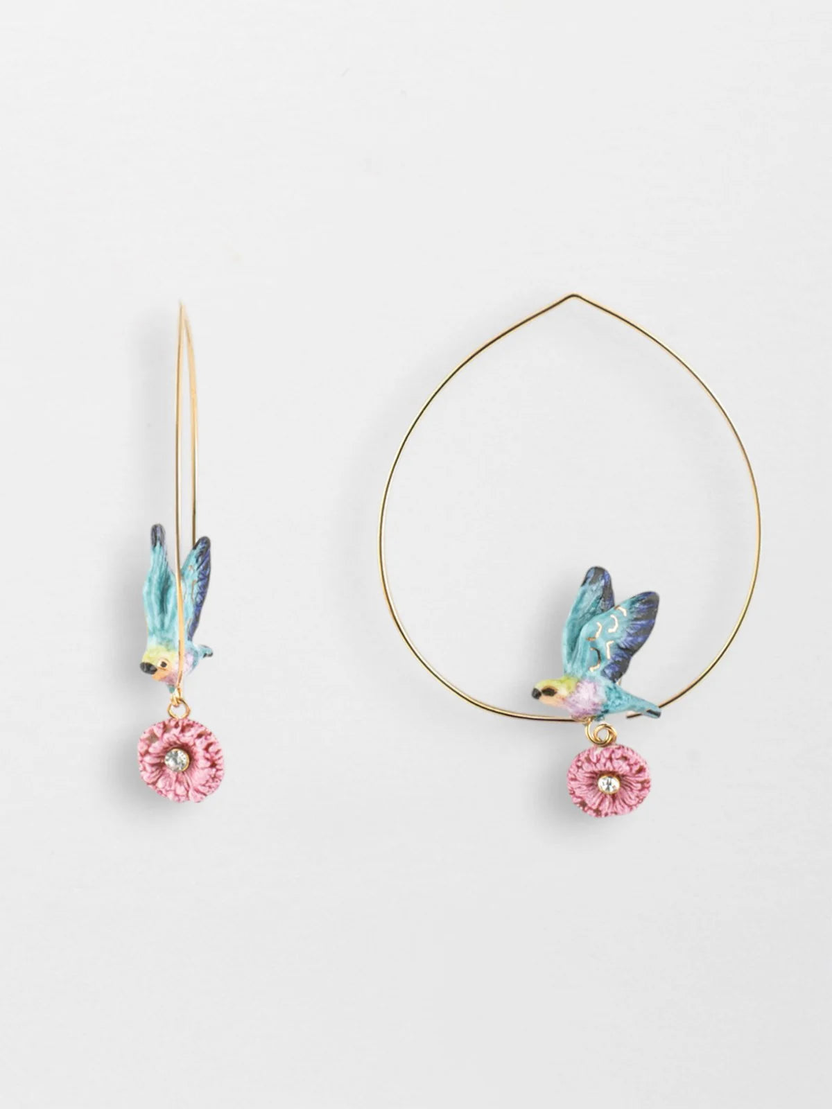 Nach Blue Winged Bird with Pink Thistle Flower Hoop Earrings