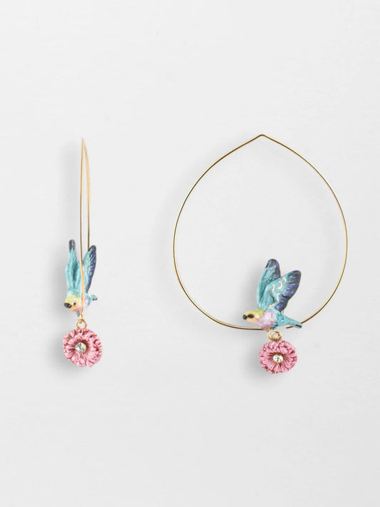 Nach Blue Winged Bird with Pink Thistle Flower Hoop Earrings