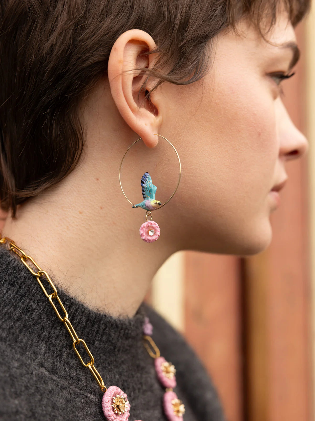 Nach Blue Winged Bird with Pink Thistle Flower Hoop Earrings