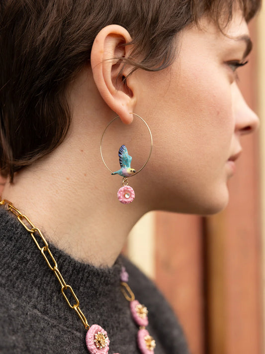 Nach Blue Winged Bird with Pink Thistle Flower Hoop Earrings