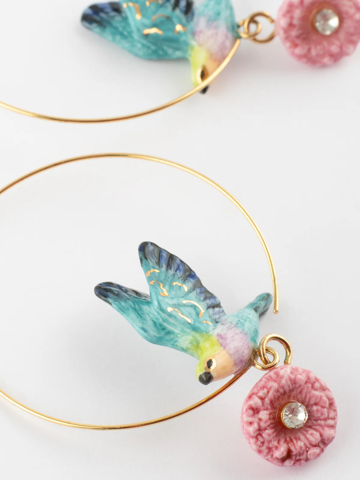 Nach Blue Winged Bird with Pink Thistle Flower Hoop Earrings