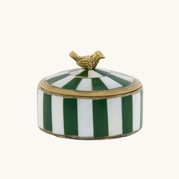 Striped Circus Jewellery Trinket Box with Lid, Brass and Mother of Pearl