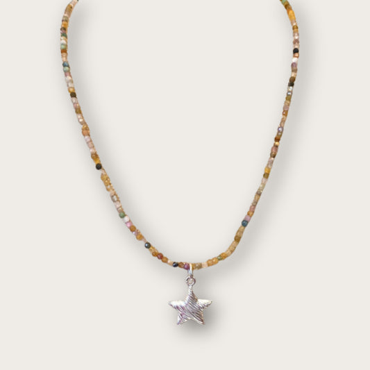 Multicolour Crystal Gemstone Necklace with Sterling Silver Star Pendant Charm