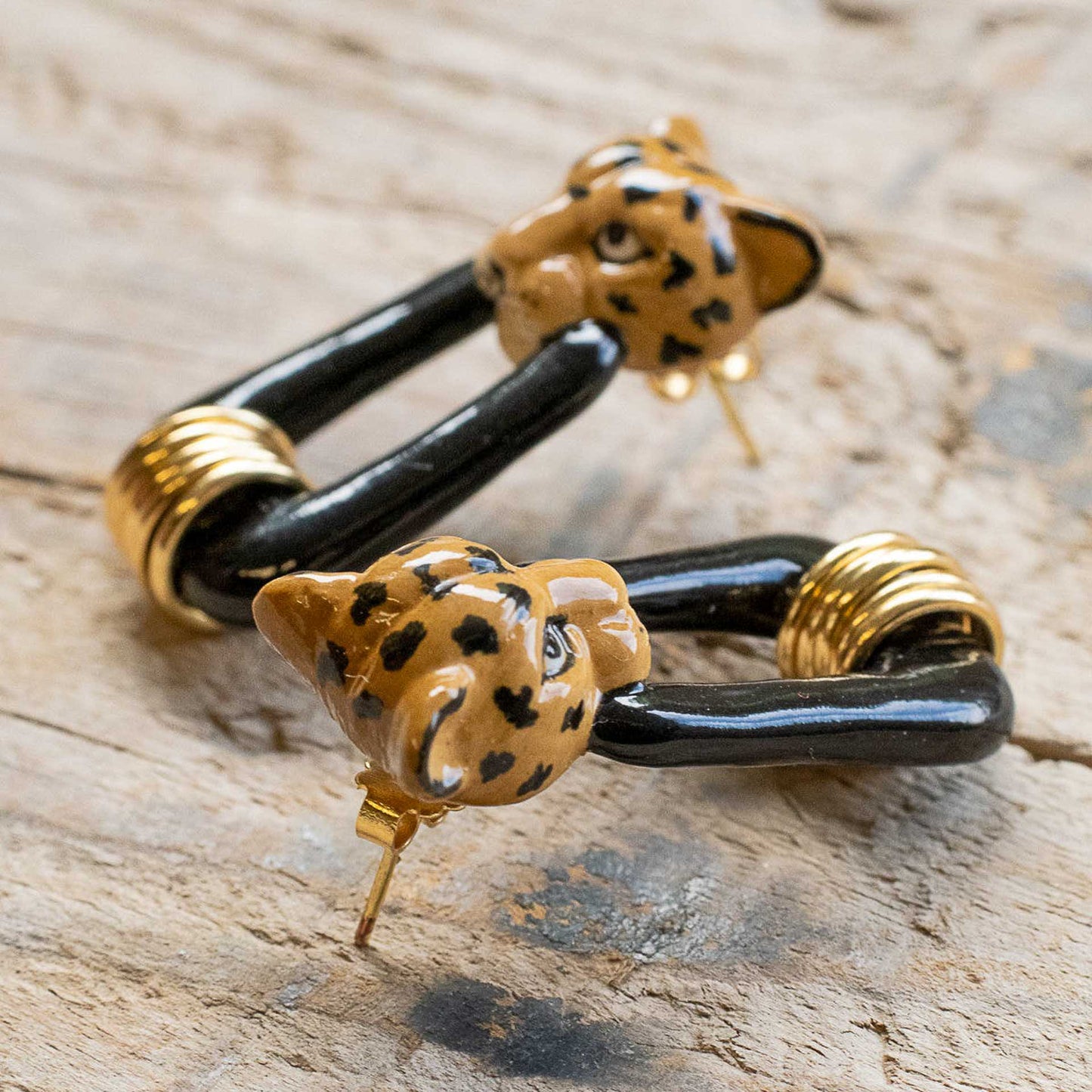 Nach Porcelain Leopard Head with Black and Gold Embellished Drop Hoop Earrings, Handmade and Hand-Painted