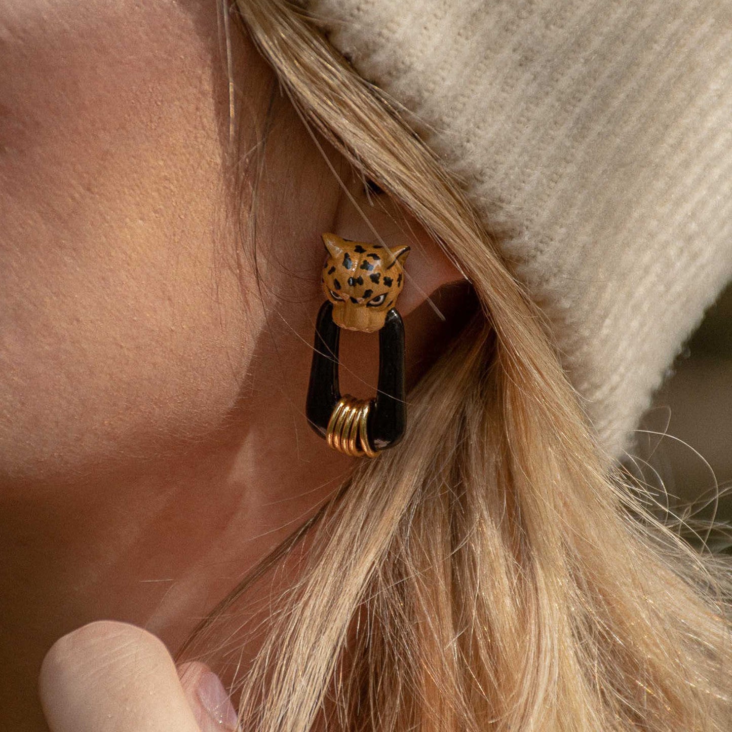 Nach Porcelain Leopard Head with Black and Gold Embellished Drop Hoop Earrings, Handmade and Hand-Painted