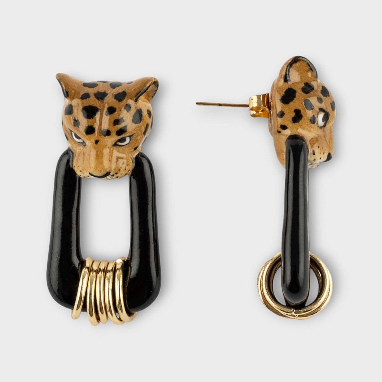 Nach Porcelain Leopard Head with Black and Gold Embellished Drop Hoop Earrings, Handmade and Hand-Painted