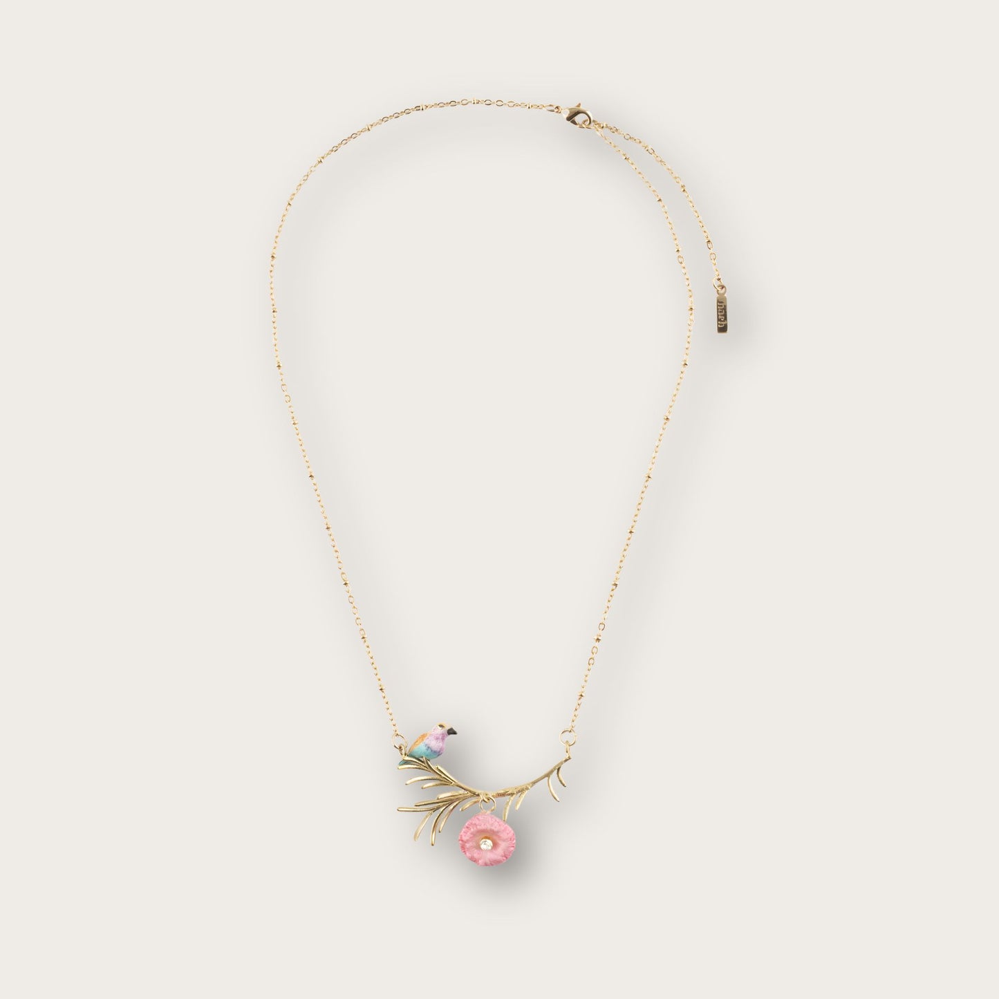 Nach Branch with Roller Bird and Thistle Porcelain Necklace, Handmade, Hand Painted
