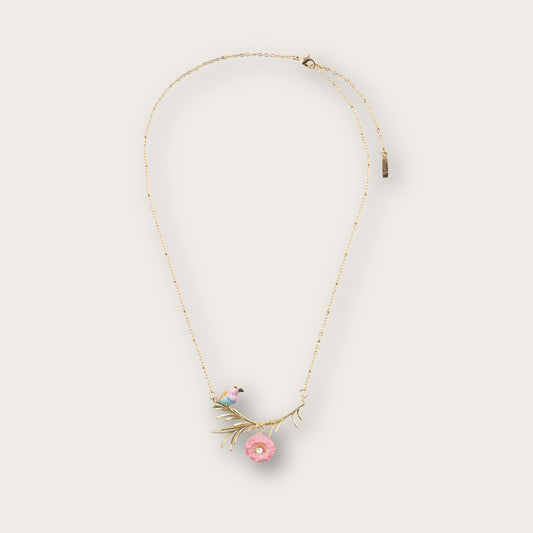Nach Branch with Roller Bird and Thistle Porcelain Necklace, Handmade, Hand Painted