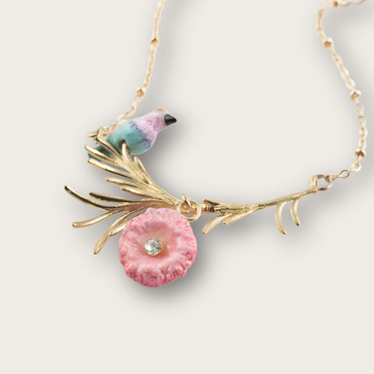 Nach Branch with Roller Bird and Thistle Porcelain Necklace, Handmade, Hand Painted