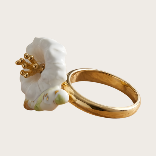 Nach Handmade Parakeet on White Dandelion Adjustable Ring
