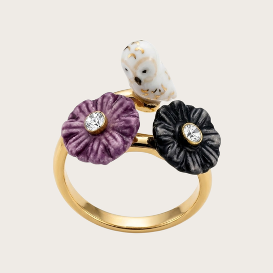 Nach Handmade White Owl and Aster Flowers Adjustable Ring