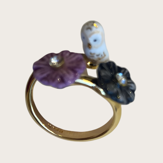 Nach Handmade White Owl and Aster Flowers Adjustable Ring