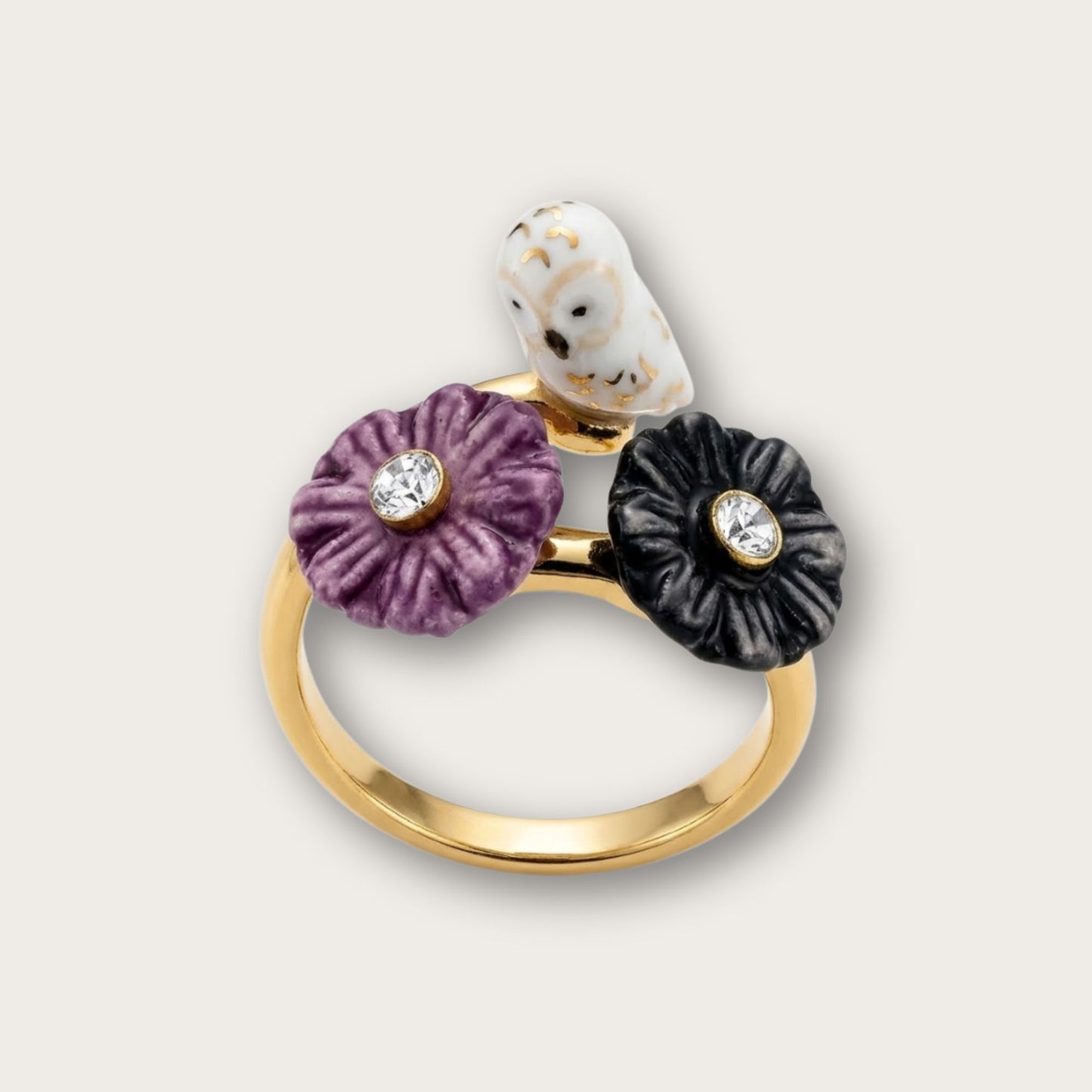 Nach Handmade White Owl and Aster Flowers Adjustable Ring
