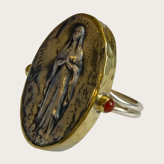 Oval Antiqued Brass Embossed Virgin Mary Statement Adjustable Ring with Rubies