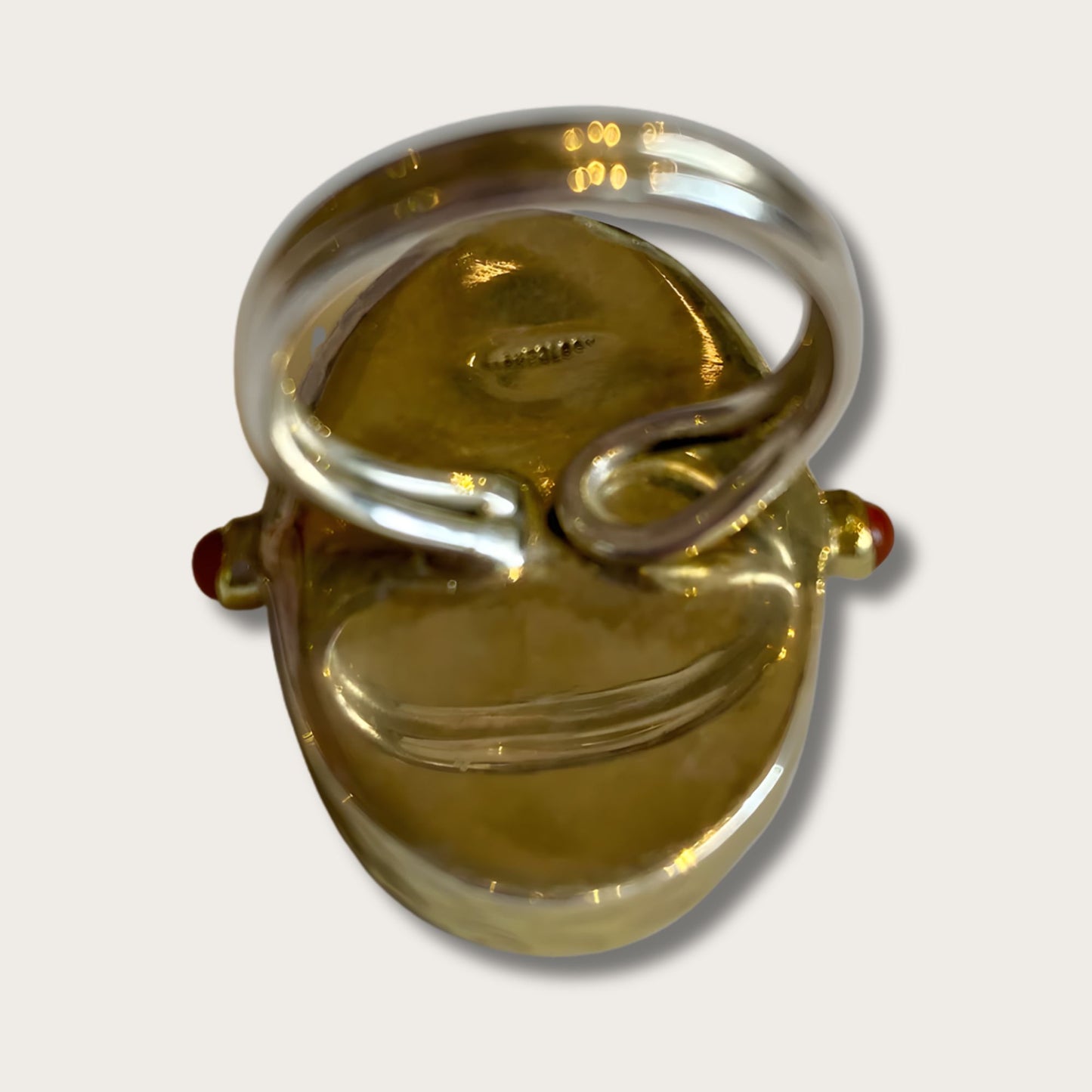 Oval Antiqued Brass Embossed Virgin Mary Statement Adjustable Ring with Rubies