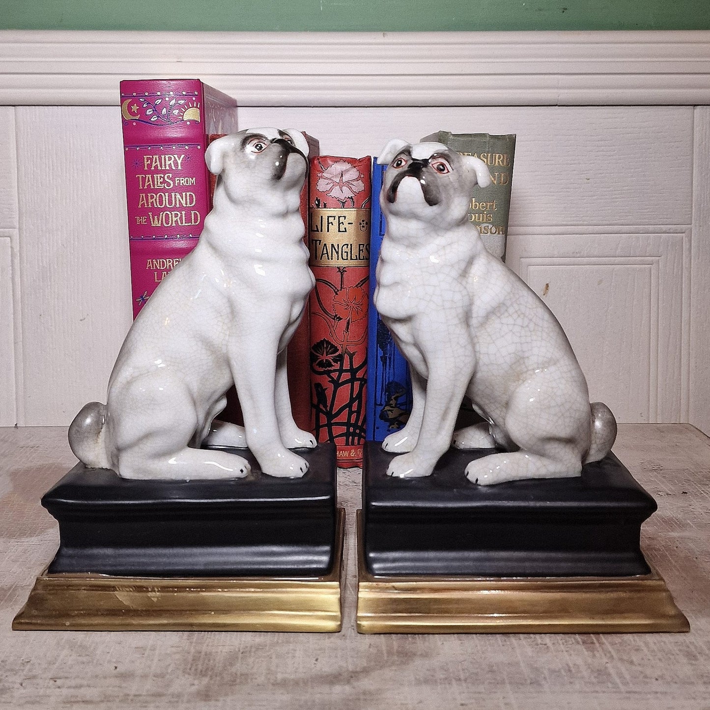 Porcelain and Silver Plated Pug Dog Bookends, Hand painted, Silver-Plated